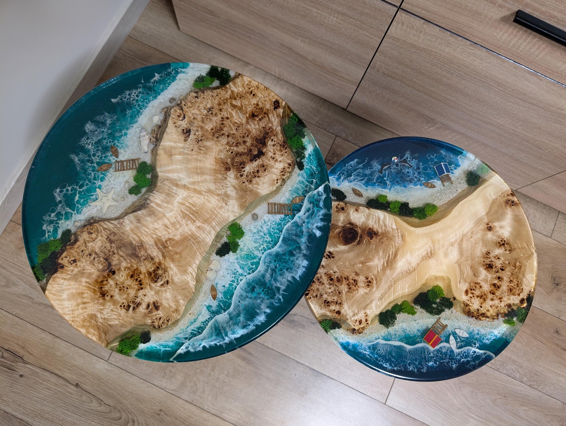 Ocean Resin Wood Side Table: Round Epoxy Coffee Table with Moss Art