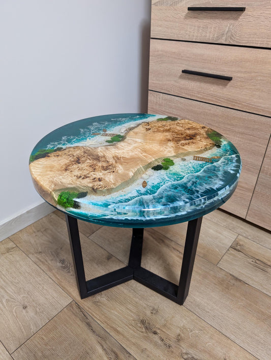 Ocean Resin Wood Side Table: Round Epoxy Coffee Table with Moss Art