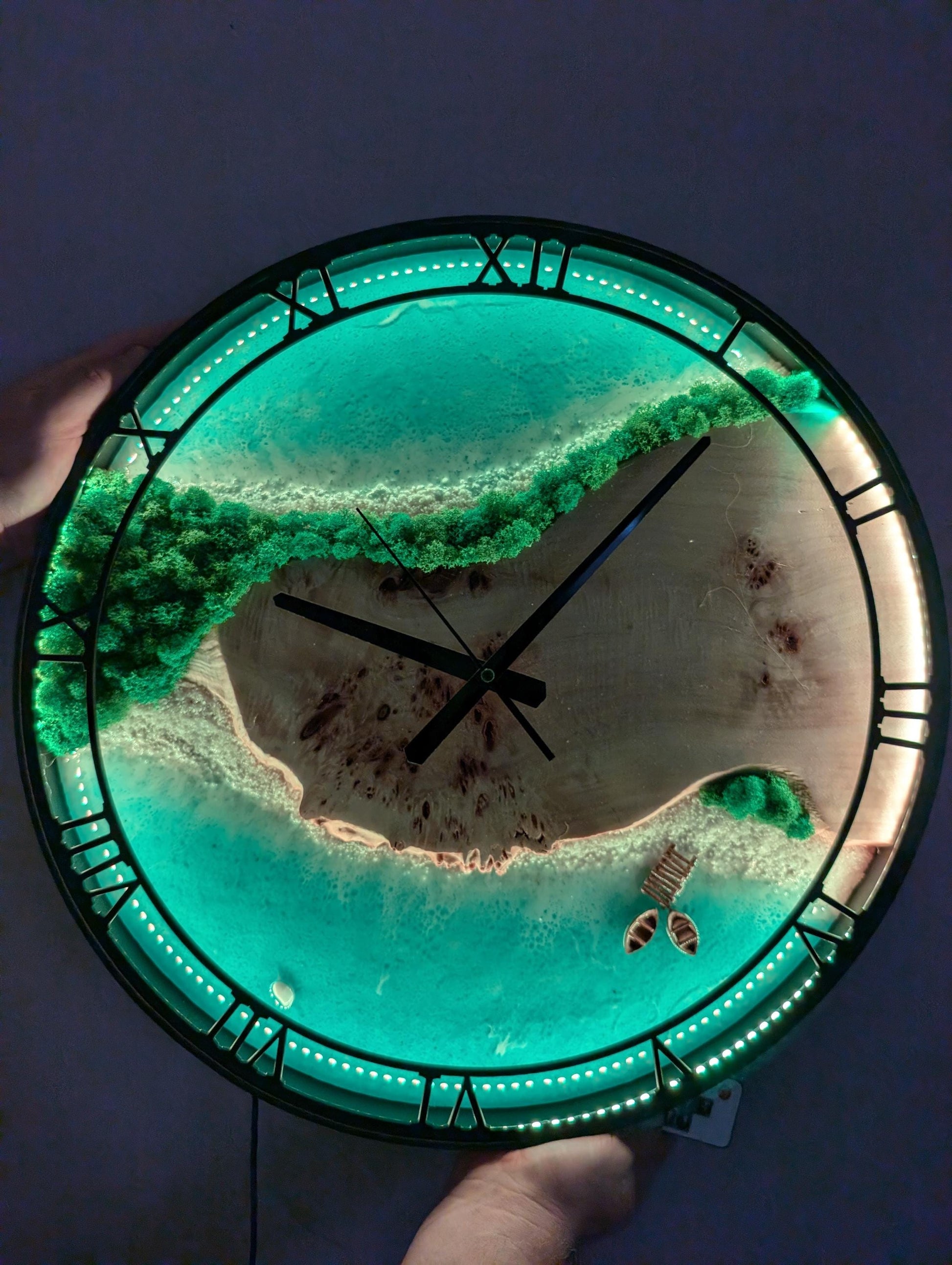 LED Wall Clock: Resin Beach Art with Live Moss, Night Light Decor