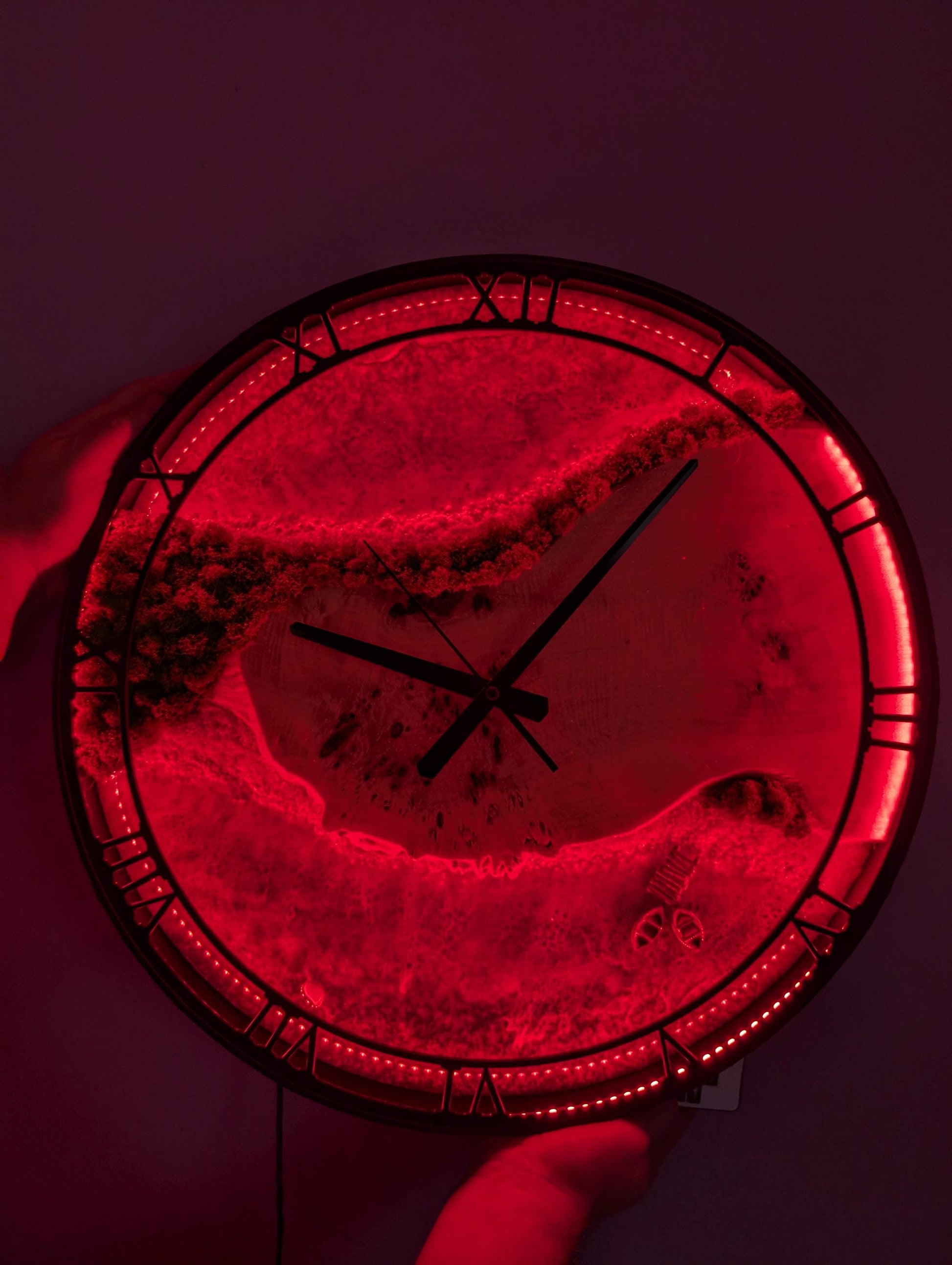LED Wall Clock: Resin Beach Art with Live Moss, Night Light Decor