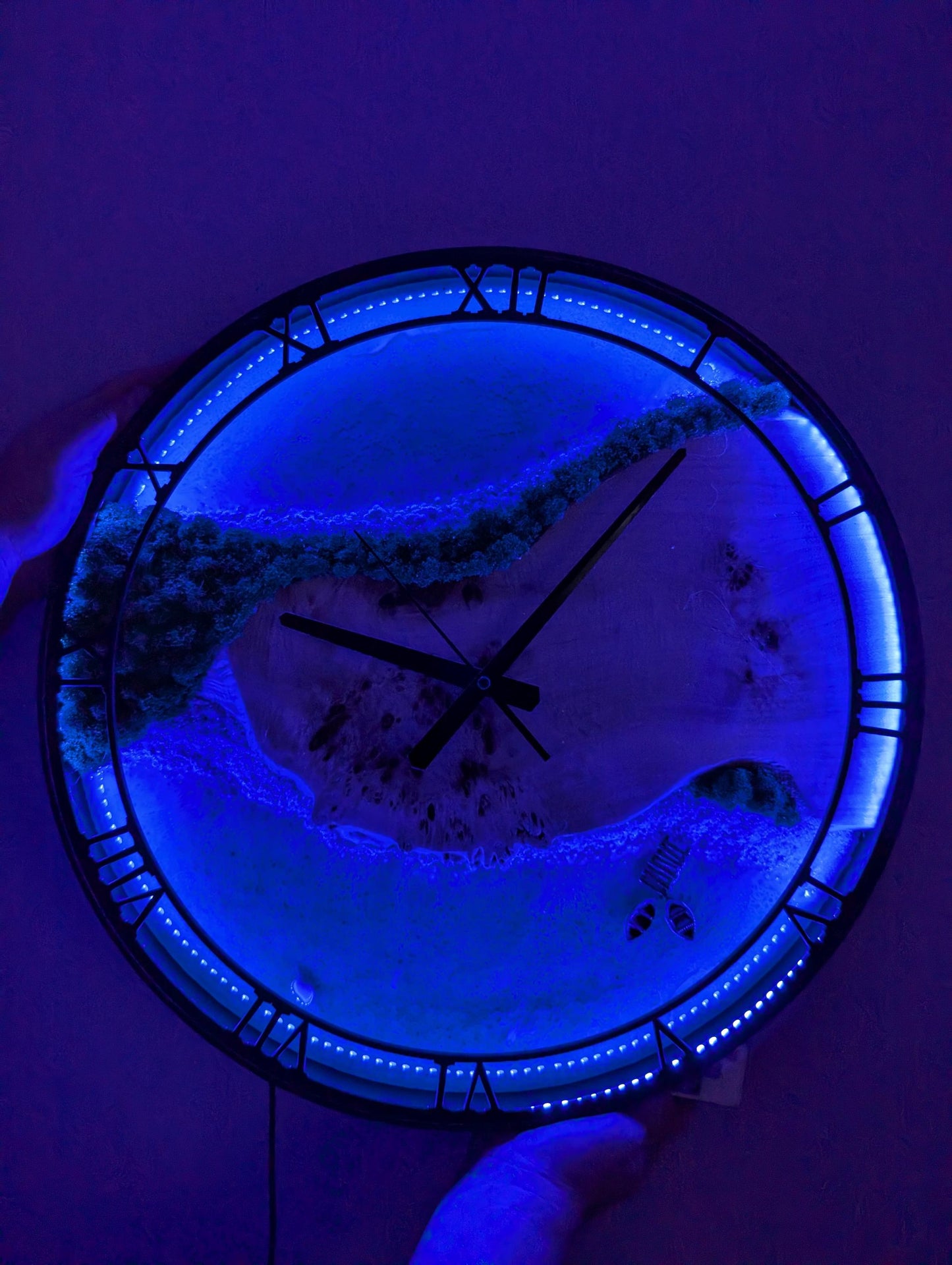 LED Wall Clock: Resin Beach Art with Live Moss, Night Light Decor