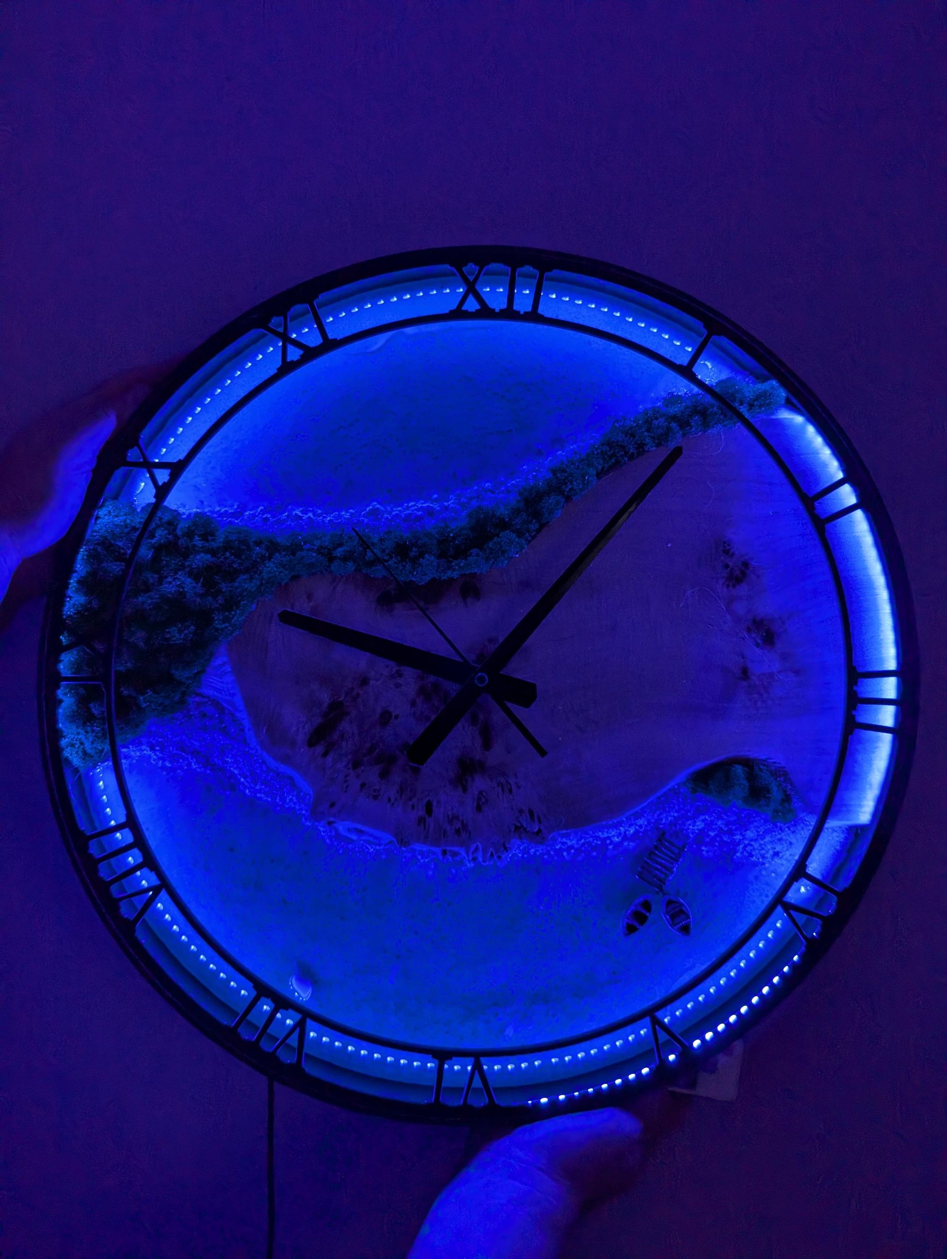 LED Wall Clock: Resin Beach Art with Live Moss, Night Light Decor