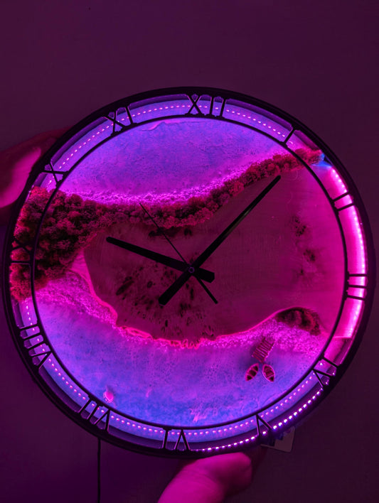 LED Wall Clock: Resin Beach Art with Live Moss, Night Light Decor
