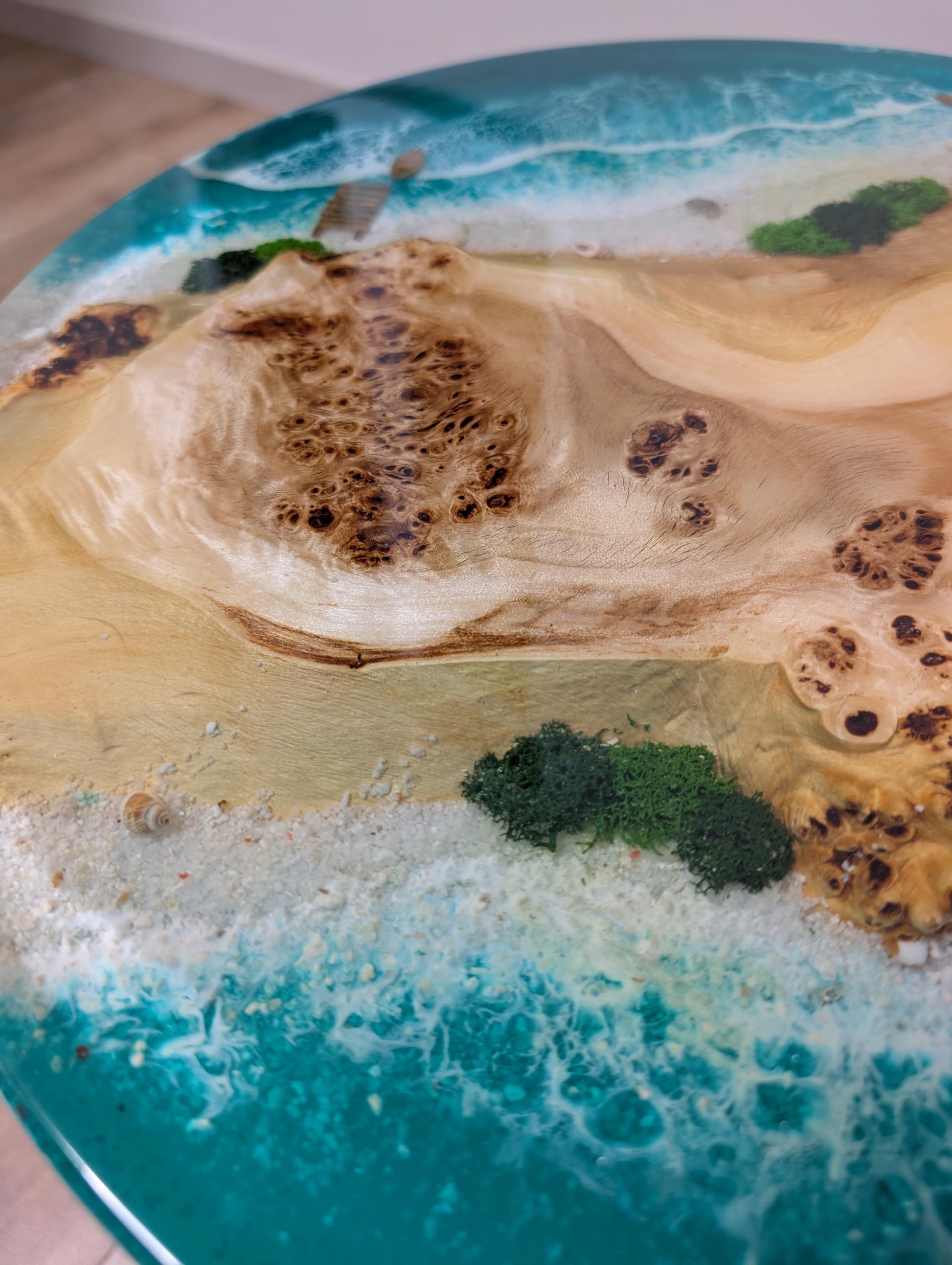 Round Live Edge Resin Coffee Table: Coastal Ocean Decor