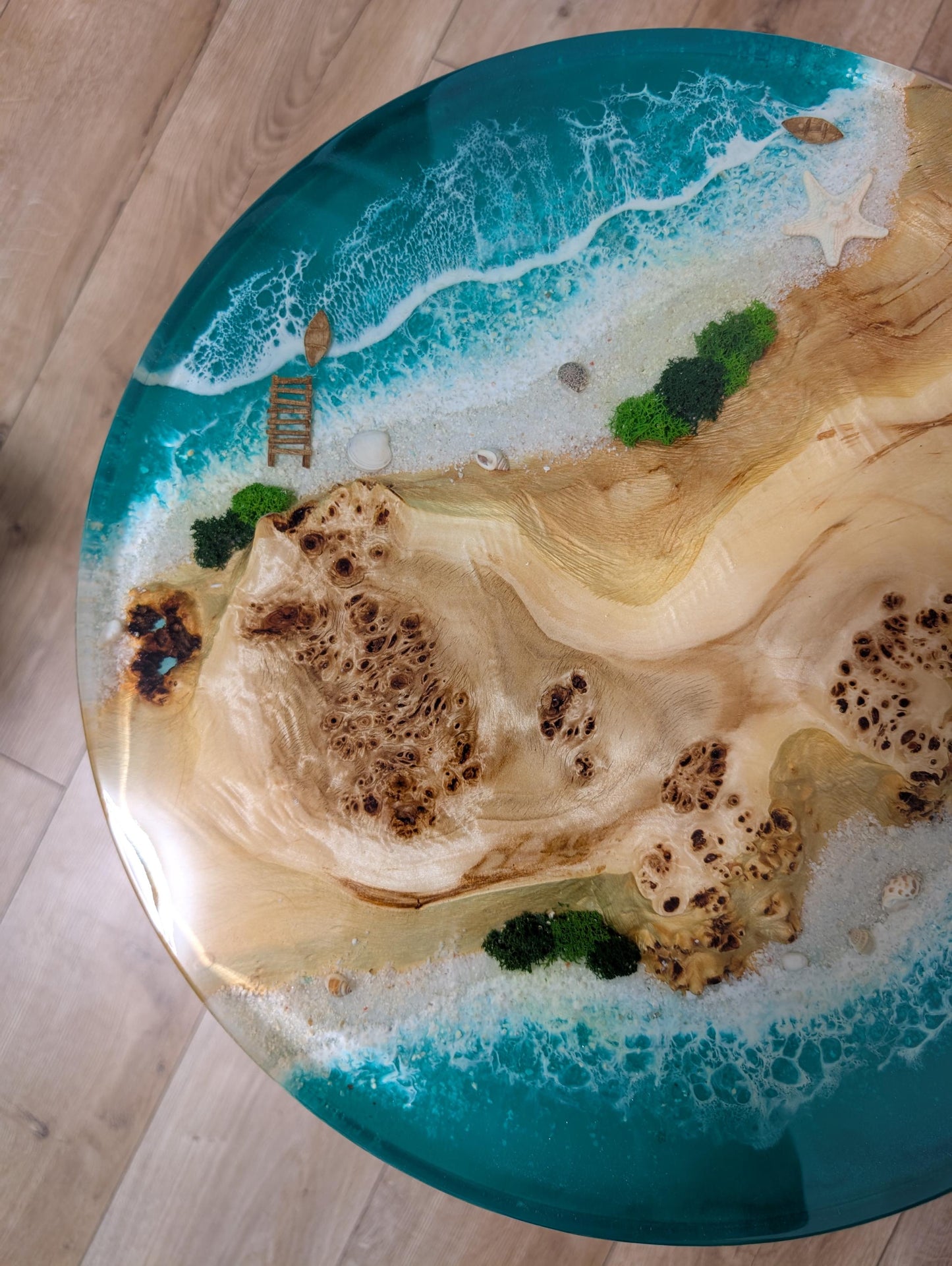 Round Live Edge Resin Coffee Table: Coastal Ocean Decor
