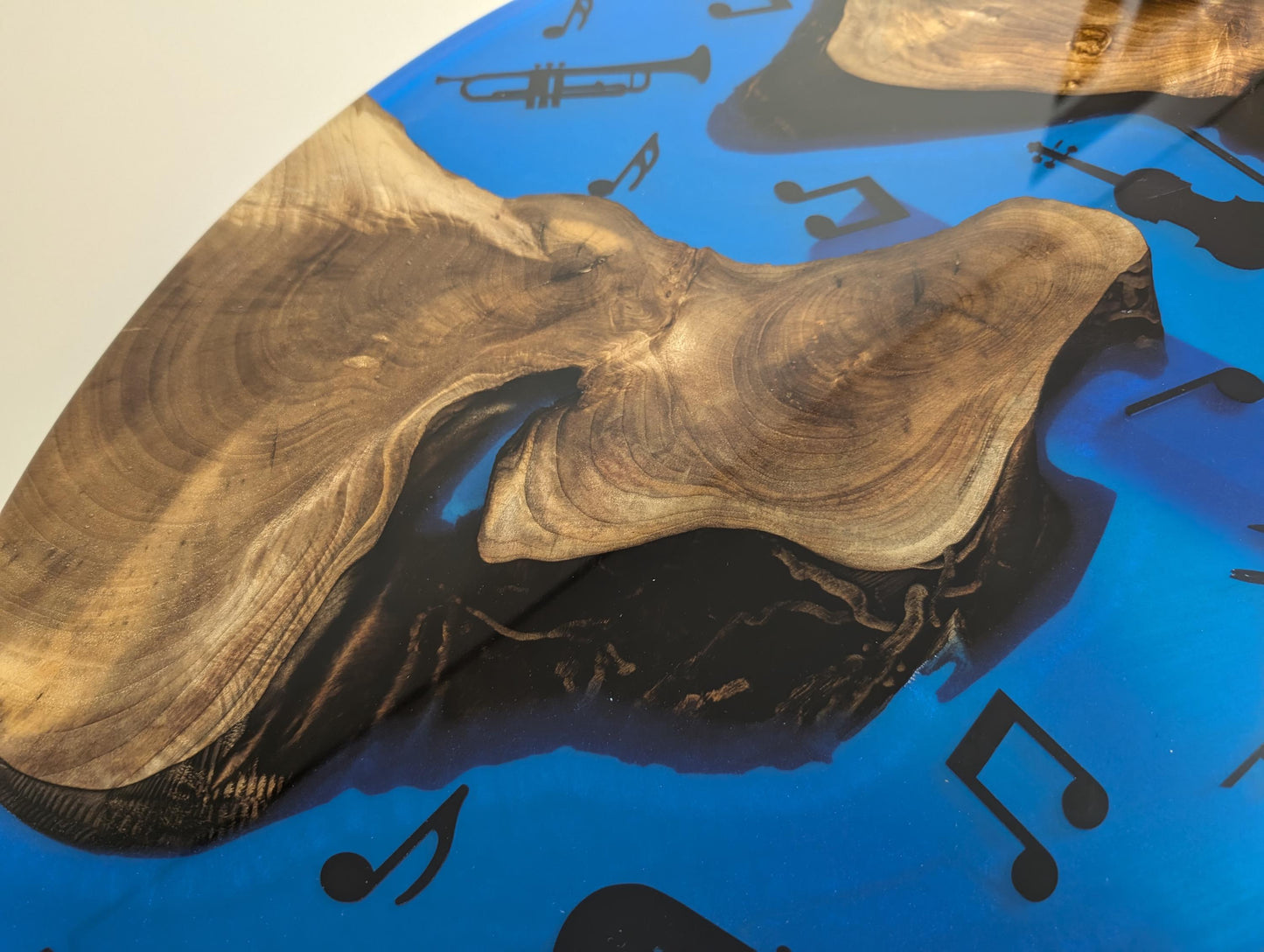 Round Walnut Coffee Table: Live Edge Epoxy Music Decor, Handmade