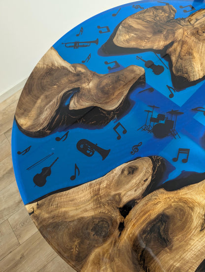 Round Walnut Coffee Table: Live Edge Epoxy Music Decor, Handmade