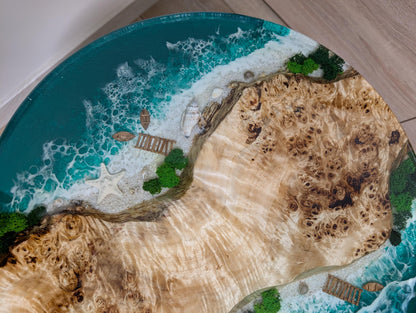 Ocean Resin Wood Side Table: Round Epoxy Coffee Table with Moss Art