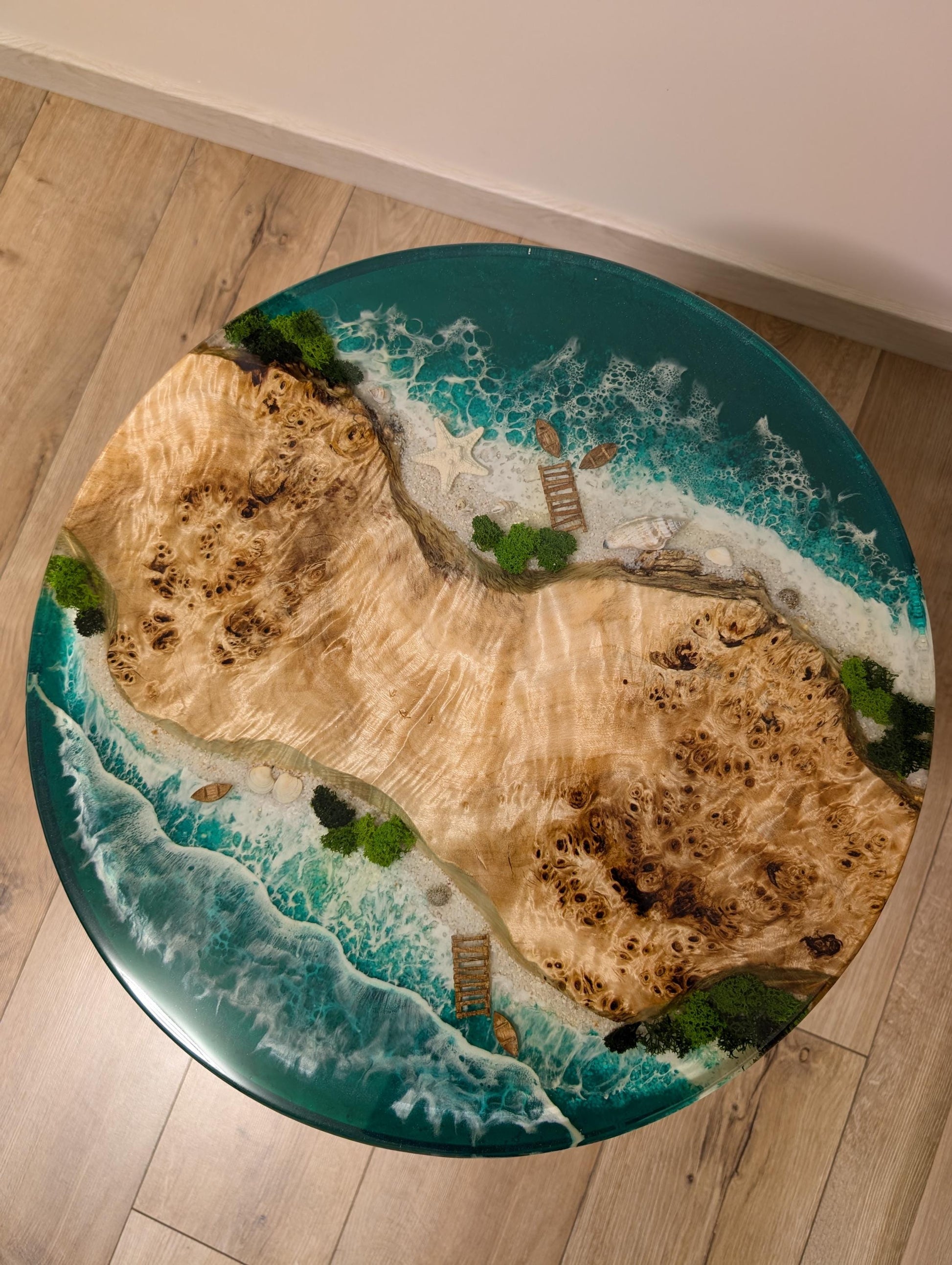 Ocean Resin Wood Side Table: Round Epoxy Coffee Table with Moss Art