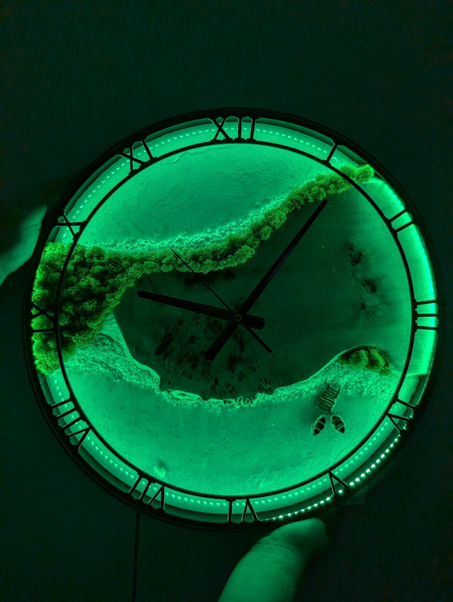 LED Wall Clock: Resin Beach Art with Live Moss, Night Light Decor