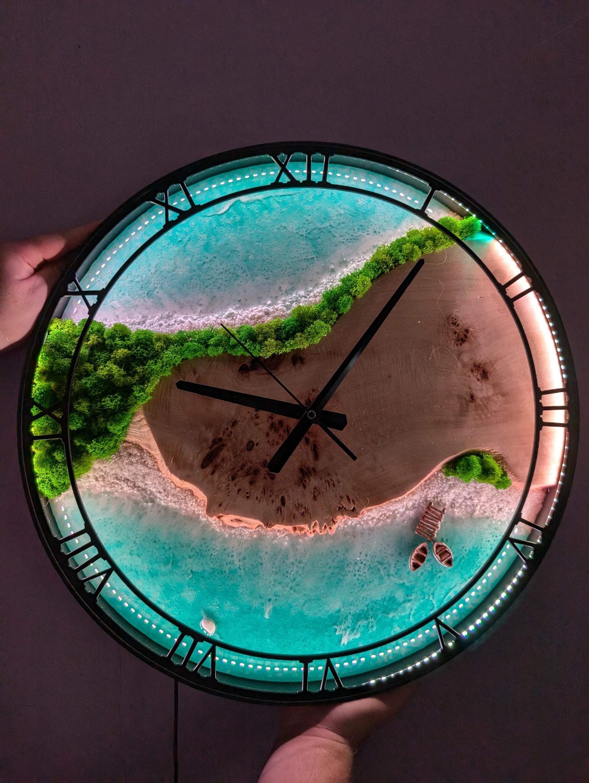 LED Wall Clock: Resin Beach Art with Live Moss, Night Light Decor