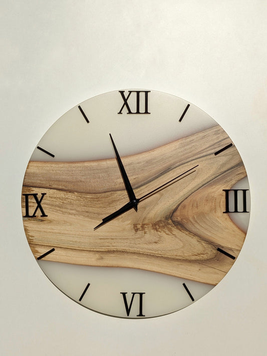 Walnut Wood Resin Clock: Silent White Epoxy Wall Decor