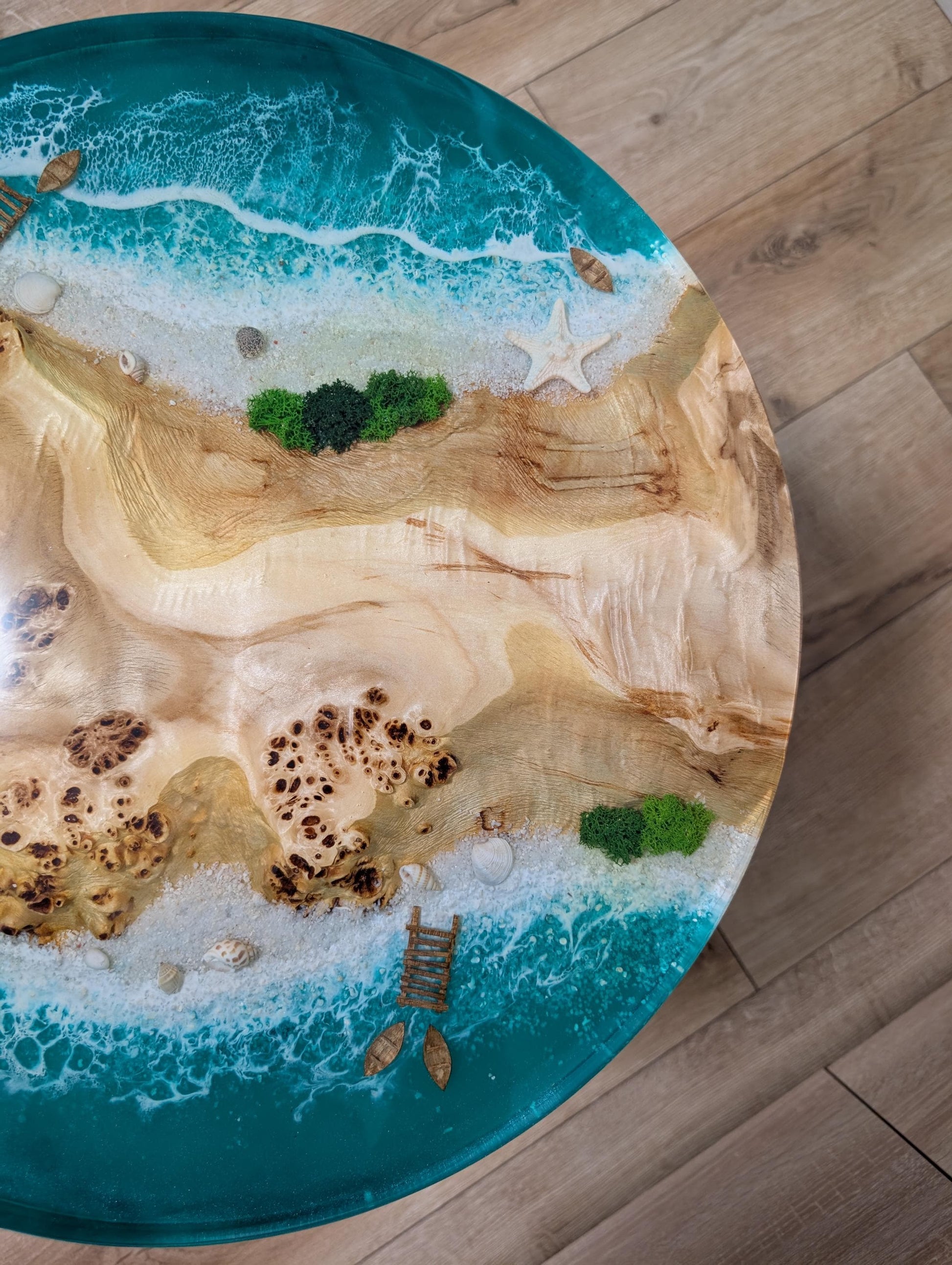 Round Live Edge Resin Coffee Table: Coastal Ocean Decor