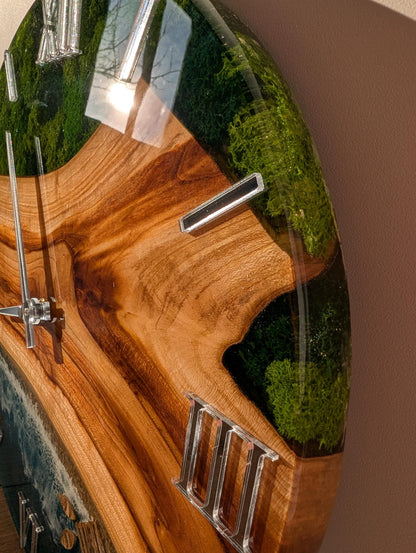 Ocean Resin Wall Clock: Wood & Moss Art, Beach Decor (14 inch)