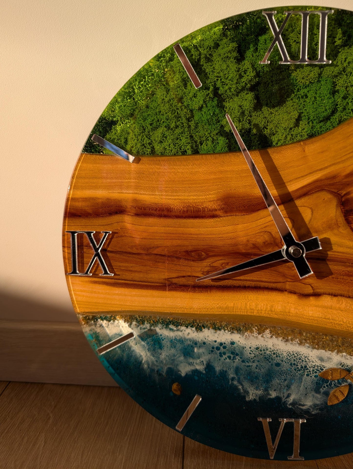 Ocean Resin Wall Clock: Wood & Moss Art, Beach Decor (14 inch)