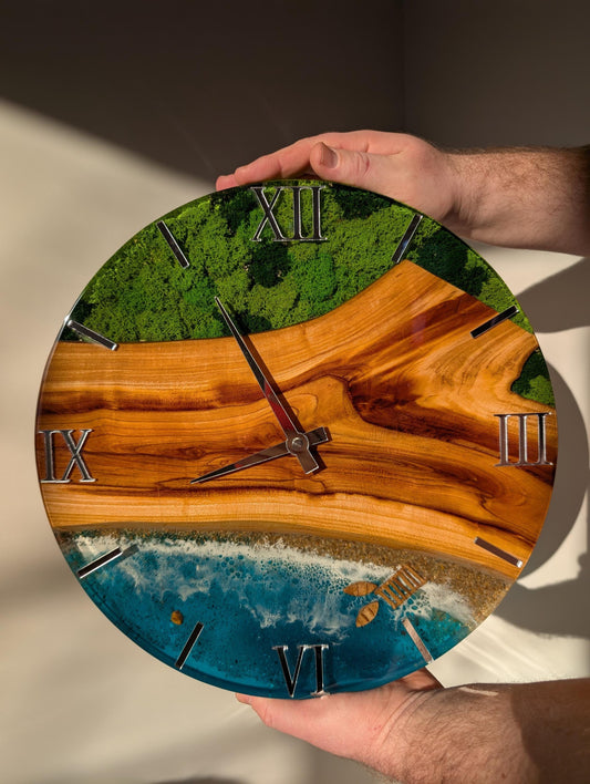 Ocean Resin Wall Clock: Wood & Moss Art, Beach Decor (14 inch)