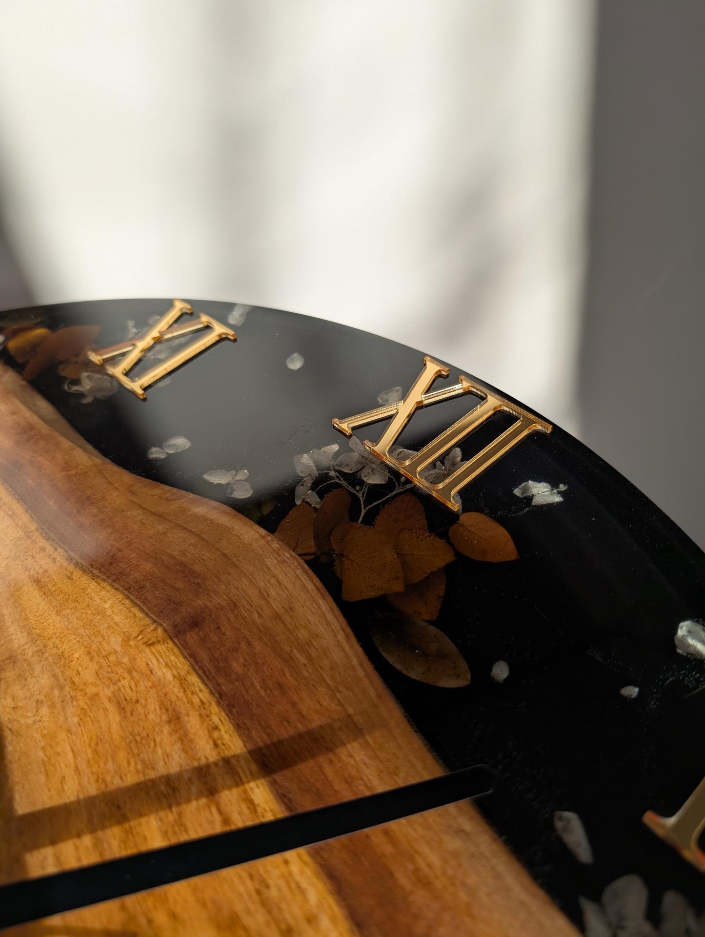 Walnut Wood Epoxy Resin Wall Clock: Black Resin Flowers, Silver Numbers