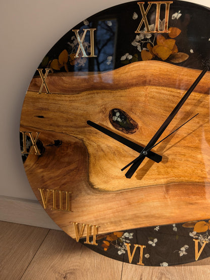 Walnut Wood Epoxy Resin Wall Clock: Black Resin Flowers, Silver Numbers