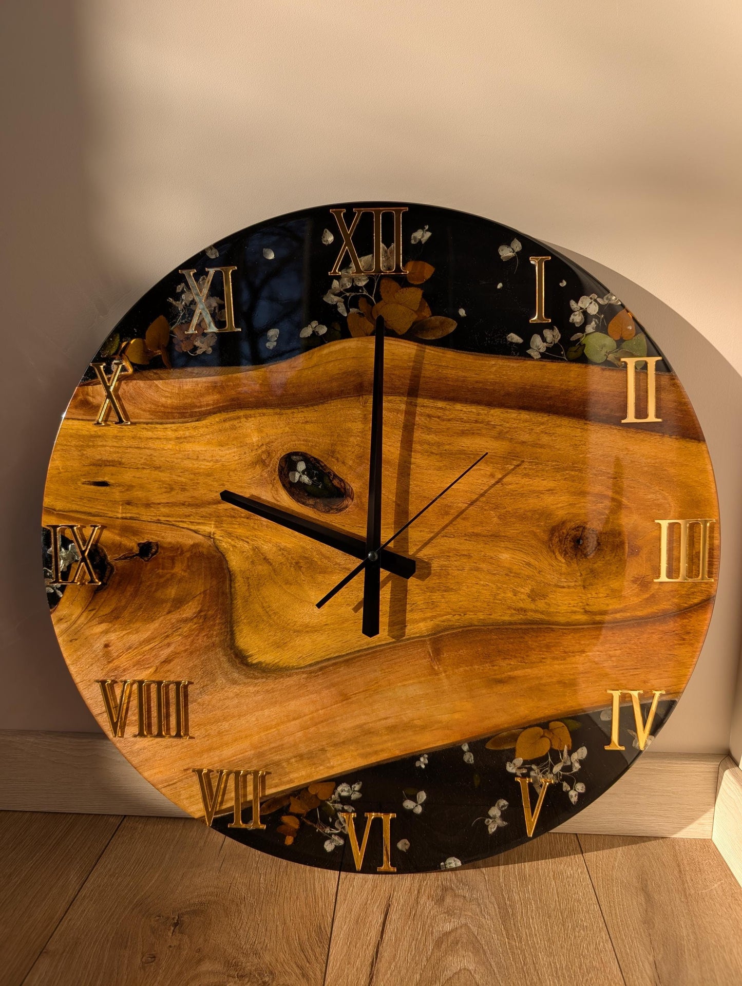 Walnut Wood Epoxy Resin Wall Clock: Black Resin Flowers, Silver Numbers