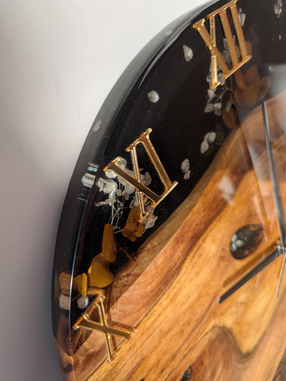 Walnut Wood Epoxy Resin Wall Clock: Black Resin Flowers, Silver Numbers