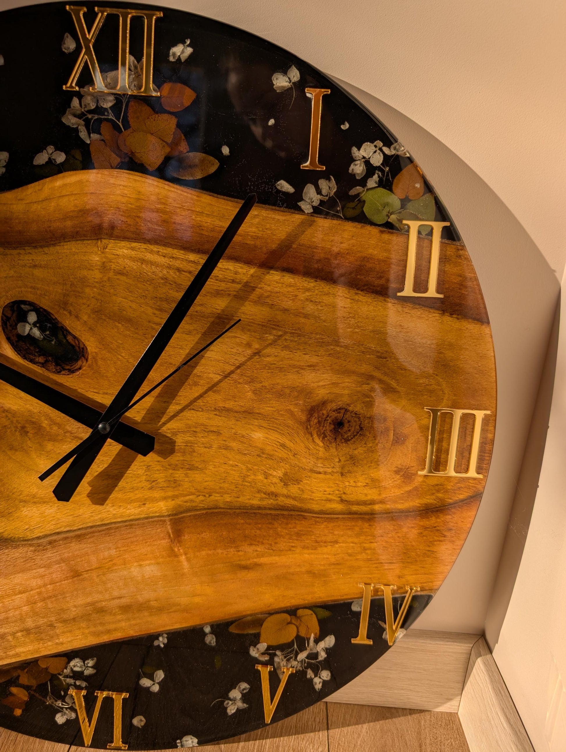 Walnut Wood Epoxy Resin Wall Clock: Black Resin Flowers, Silver Numbers