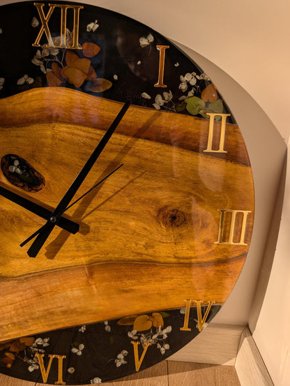Walnut Wood Epoxy Resin Wall Clock: Black Resin Flowers, Silver Numbers