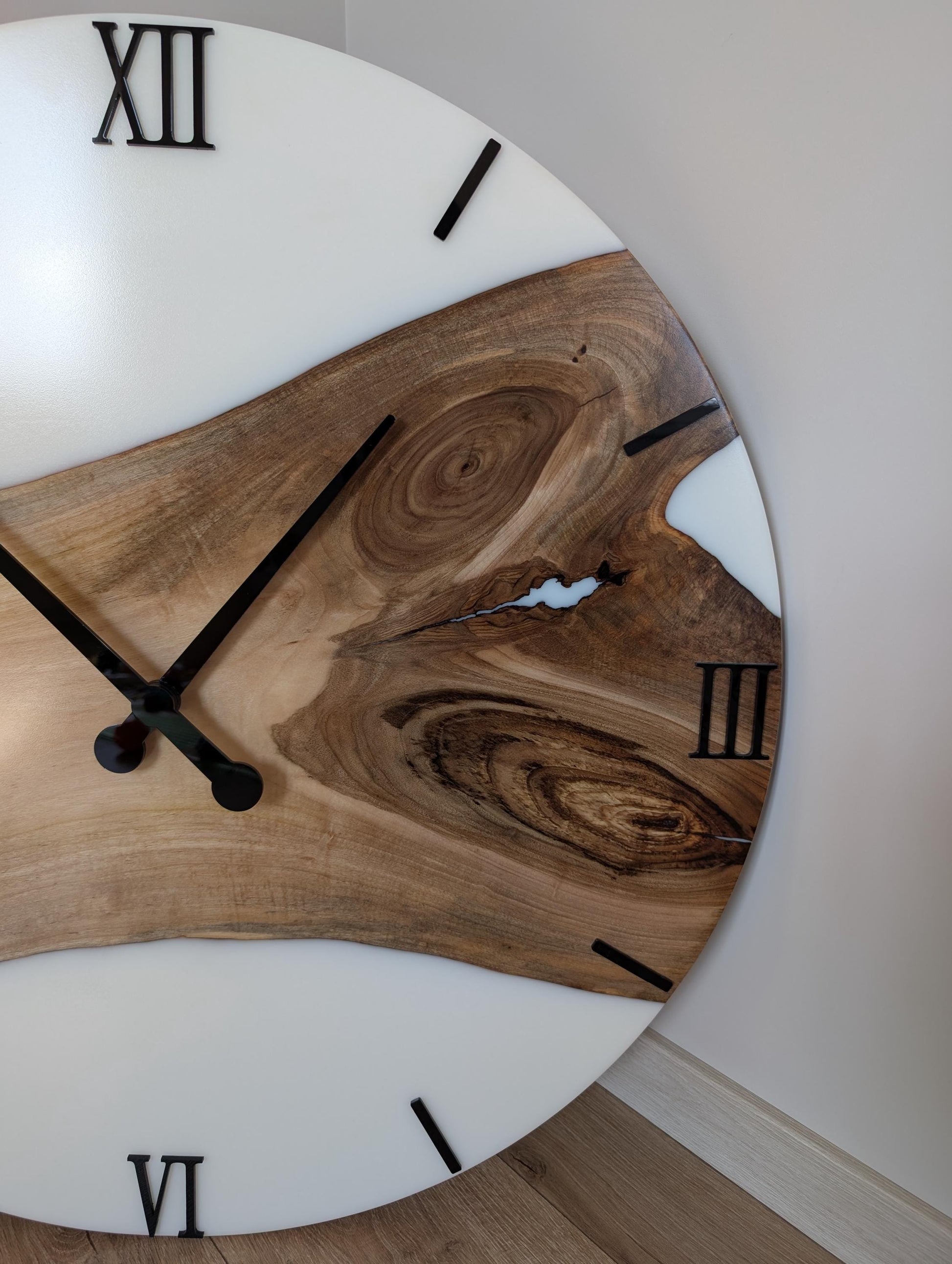 Personalized Walnut Wood Wall Clock: White Epoxy Resin, Oversized Decor