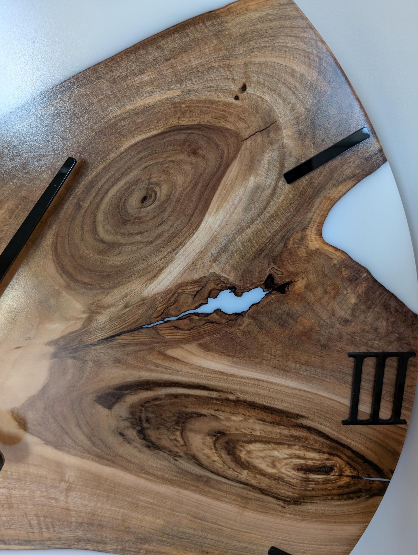 Personalized Walnut Wood Wall Clock: White Epoxy Resin, Oversized Decor