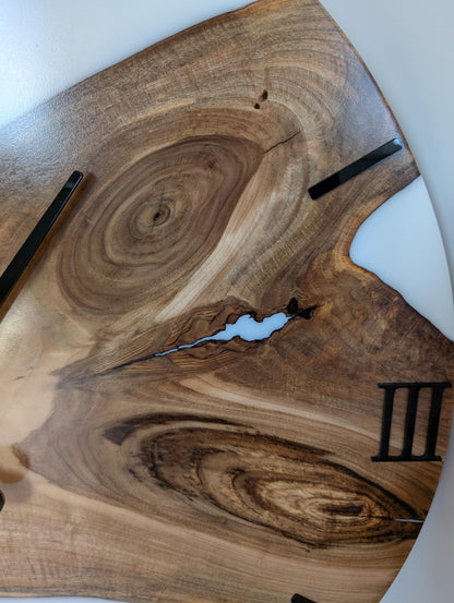 Personalized Walnut Wood Wall Clock: White Epoxy Resin, Oversized Decor