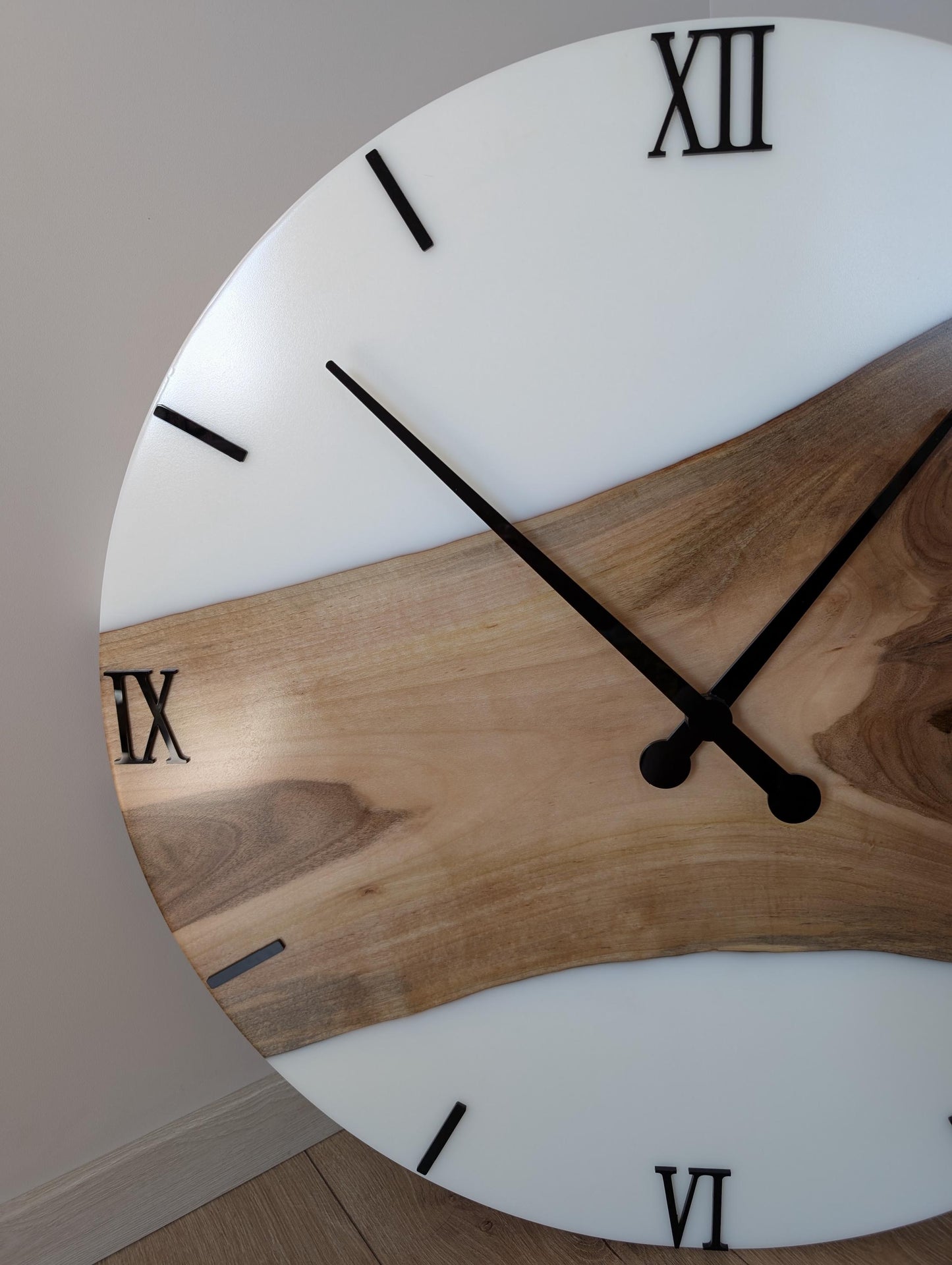 Personalized Walnut Wood Wall Clock: White Epoxy Resin, Oversized Decor