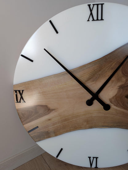Personalized Walnut Wood Wall Clock: White Epoxy Resin, Oversized Decor