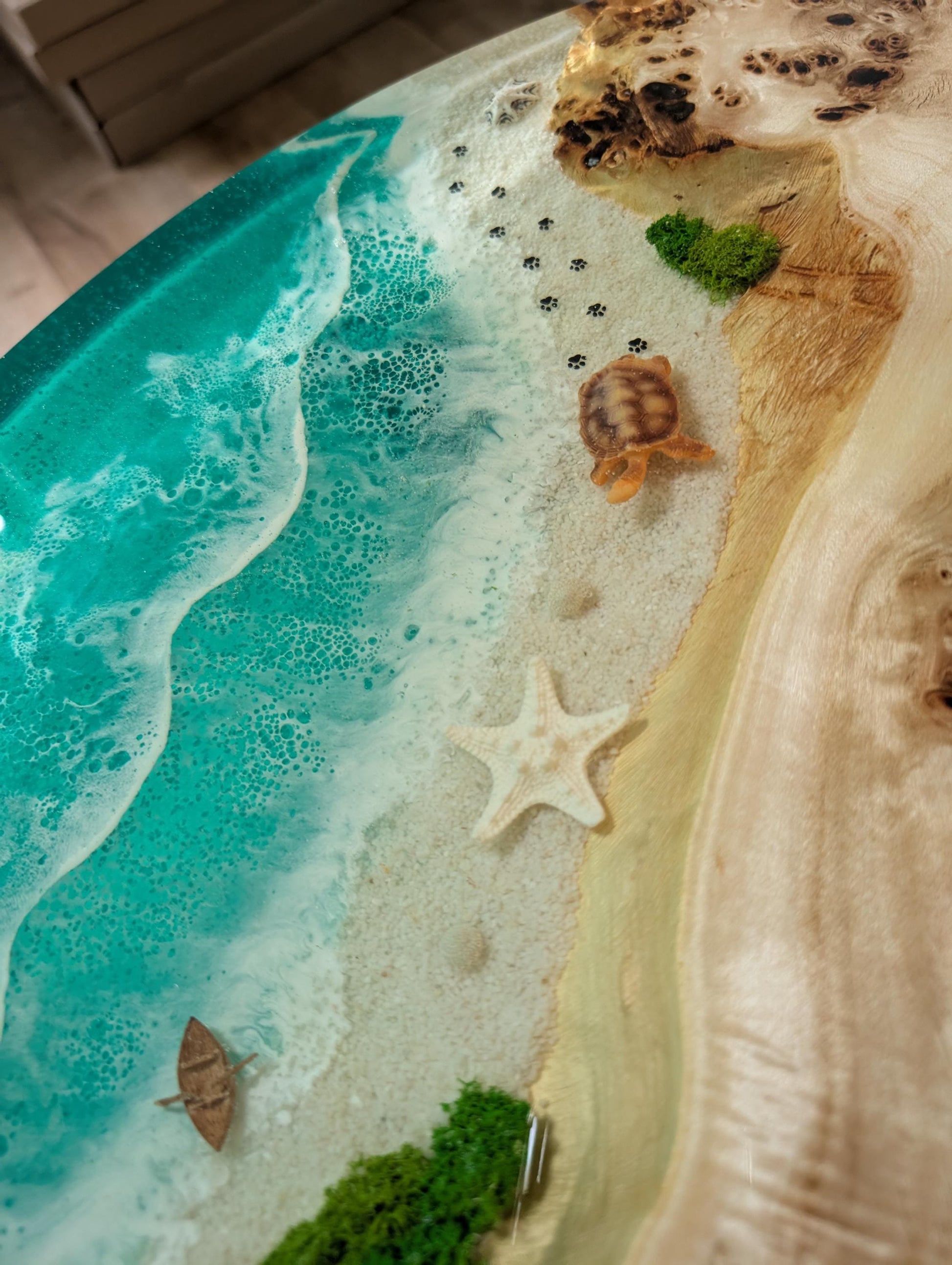 Round Ocean Coffee Table, Wood & Epoxy Resin with Moss, Wooden Live Edge Dining Table