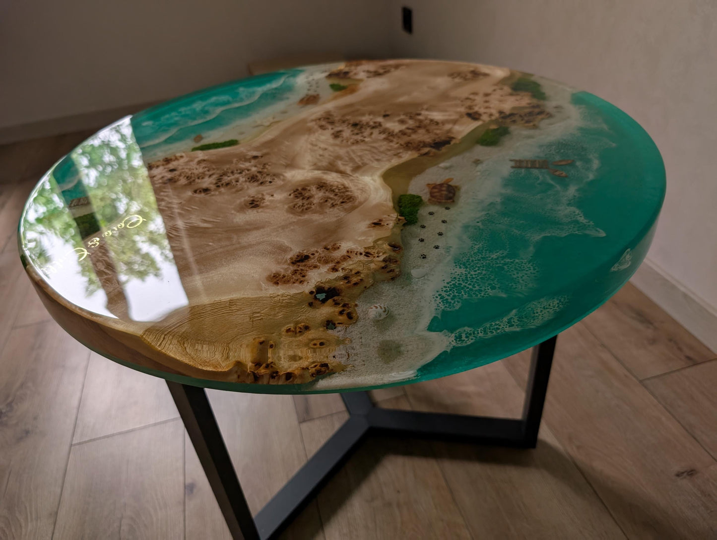Round Ocean Coffee Table, Wood & Epoxy Resin with Moss, Wooden Live Edge Dining Table