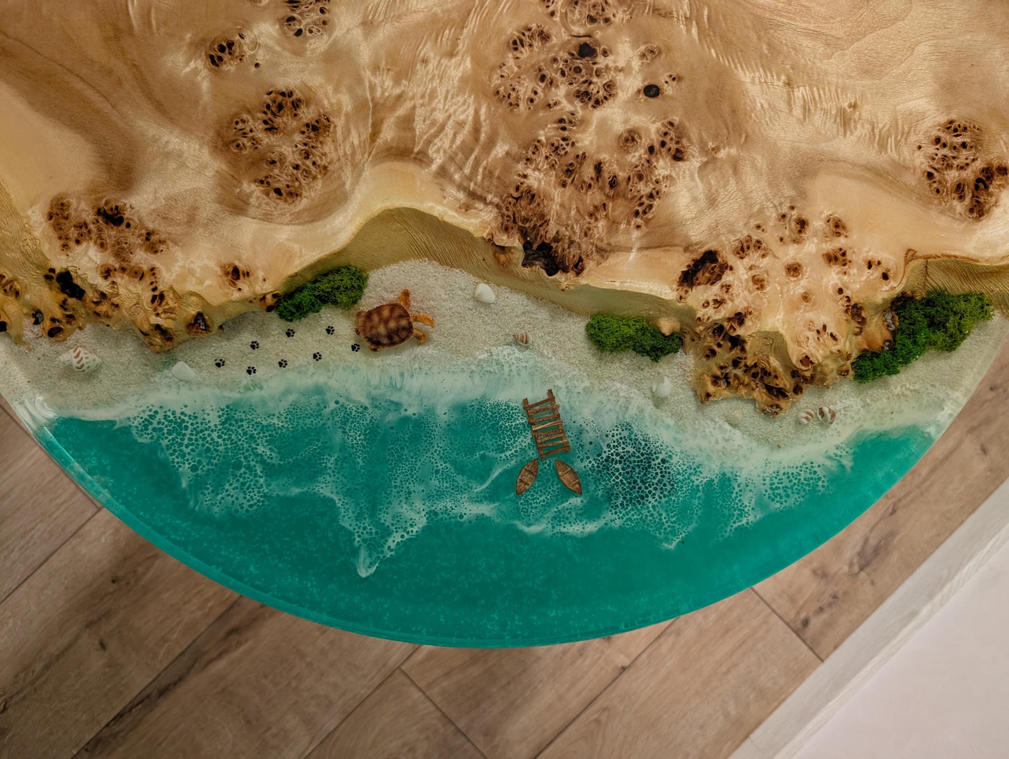 Round Ocean Coffee Table, Wood & Epoxy Resin with Moss, Wooden Live Edge Dining Table