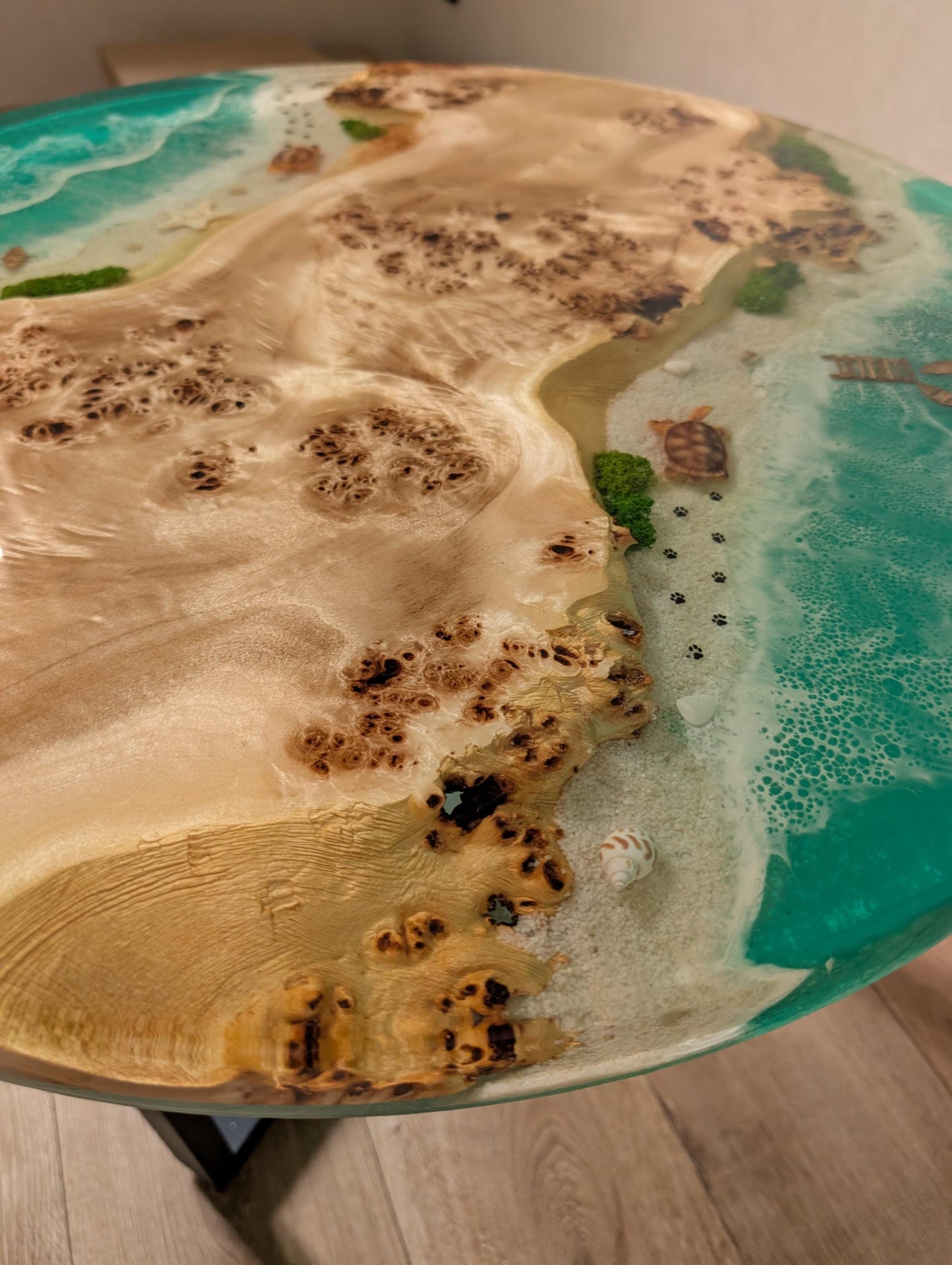 Round Ocean Coffee Table, Wood & Epoxy Resin with Moss, Wooden Live Edge Dining Table