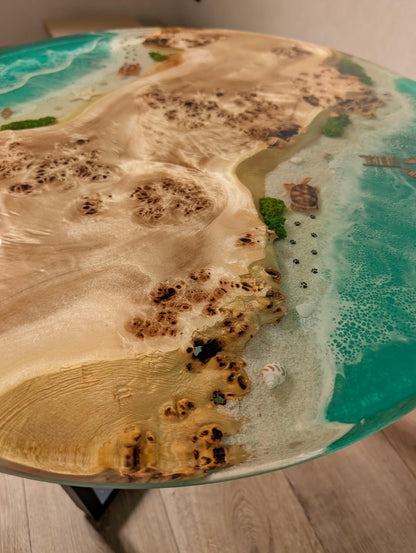 Round Ocean Coffee Table, Wood & Epoxy Resin with Moss, Wooden Live Edge Dining Table