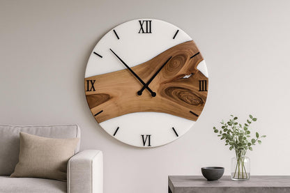Personalized Walnut Wood Wall Clock: White Epoxy Resin, Oversized Decor