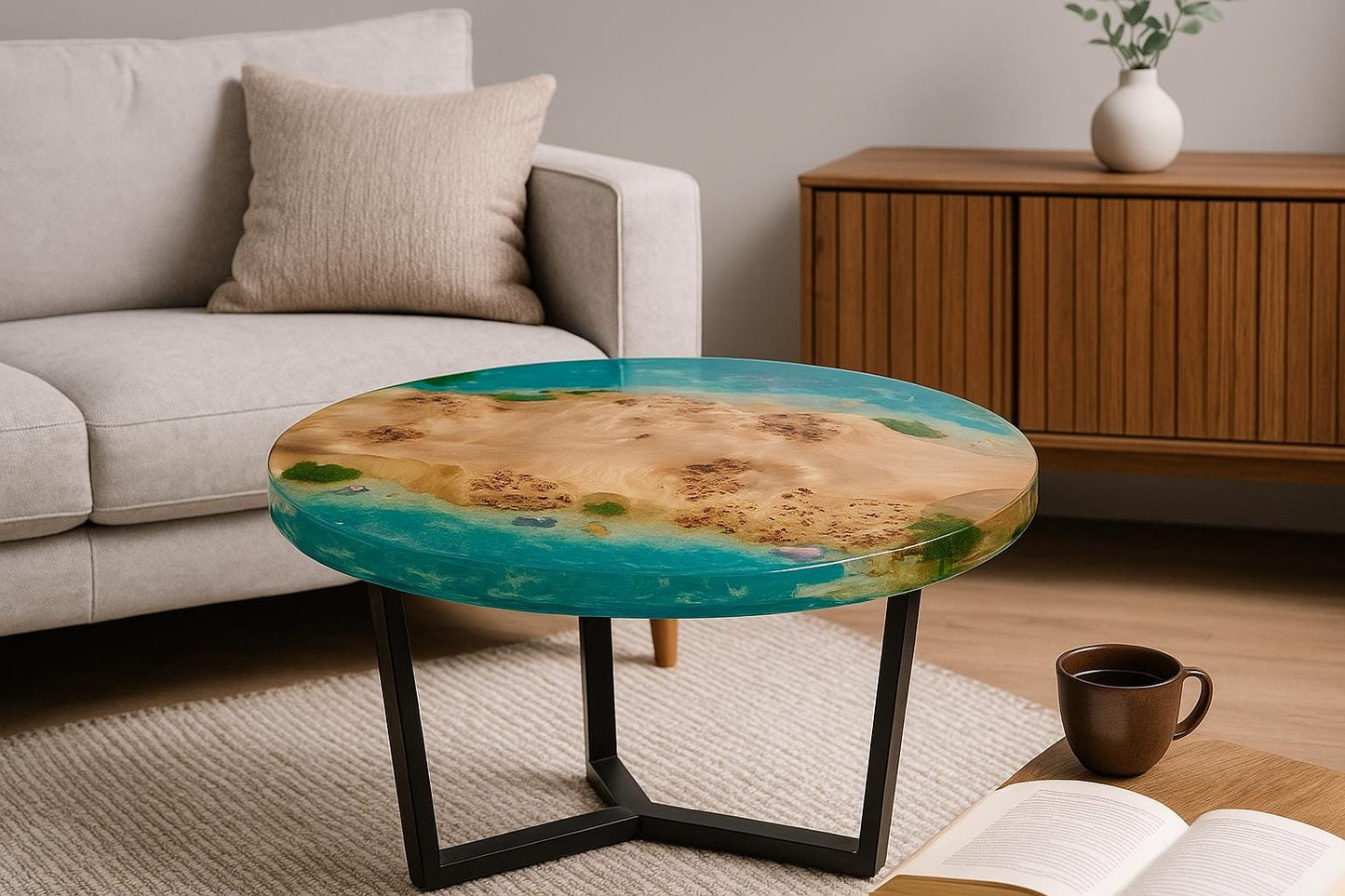 Epoxy Resin Coffee Table, Round Wood Ocean Table with Cats, Handmade Beach Furniture