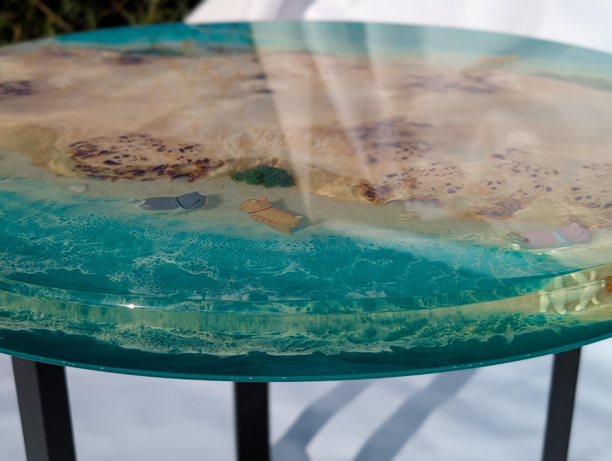 Epoxy Resin Coffee Table, Round Wood Ocean Table with Cats, Handmade Beach Furniture