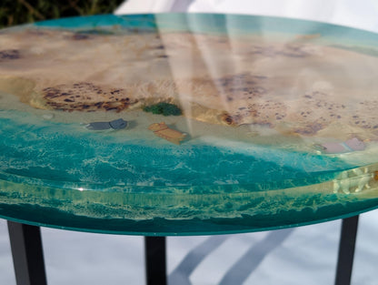 Epoxy Resin Coffee Table, Round Wood Ocean Table with Cats, Handmade Beach Furniture