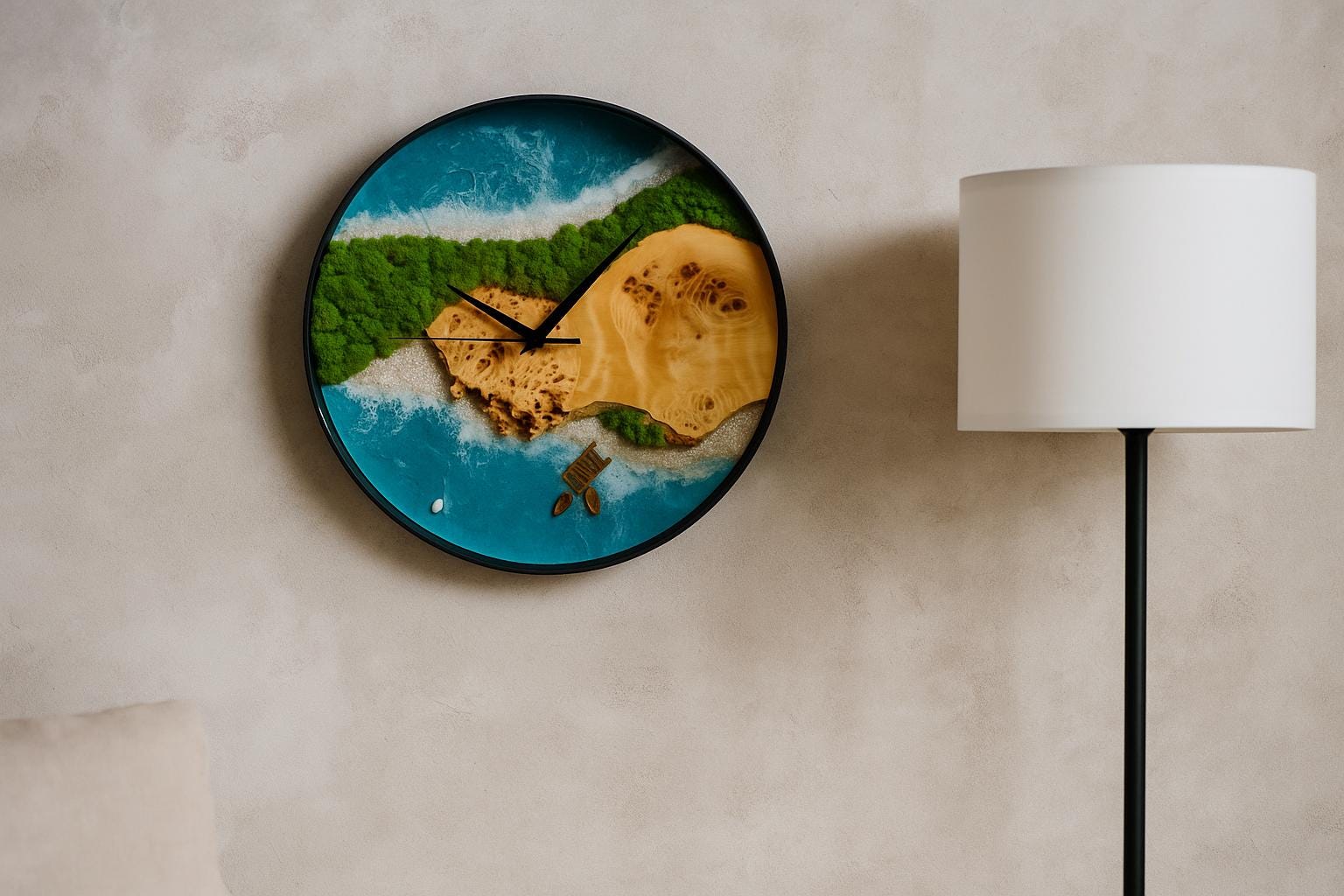 Ocean Resin Wall Clock: Beachy Coastal Decor with Moss & Boat