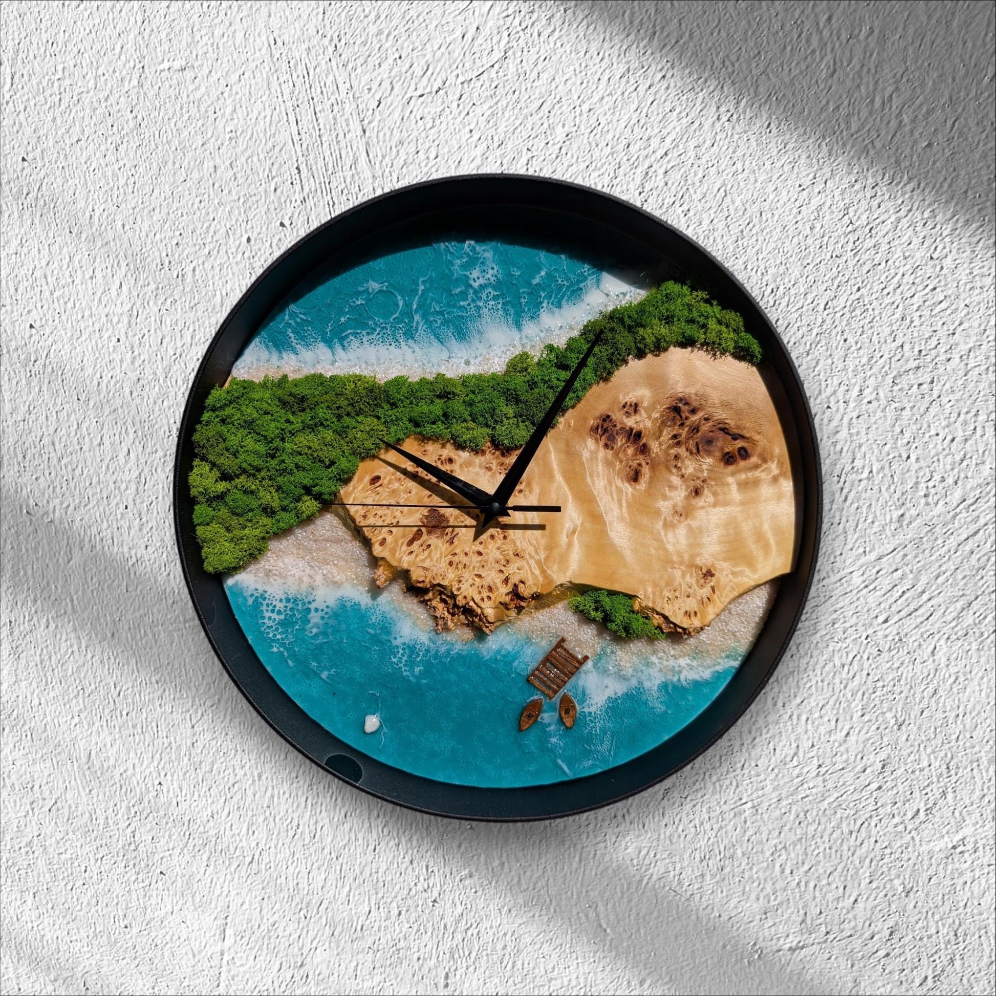 Ocean Resin Wall Clock: Beachy Coastal Decor with Moss & Boat