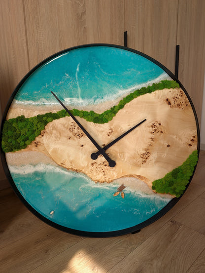 Oversized Ocean Epoxy Resin Wall Clock: Live Edge Wood, Coastal Decor (80cm/31.5")