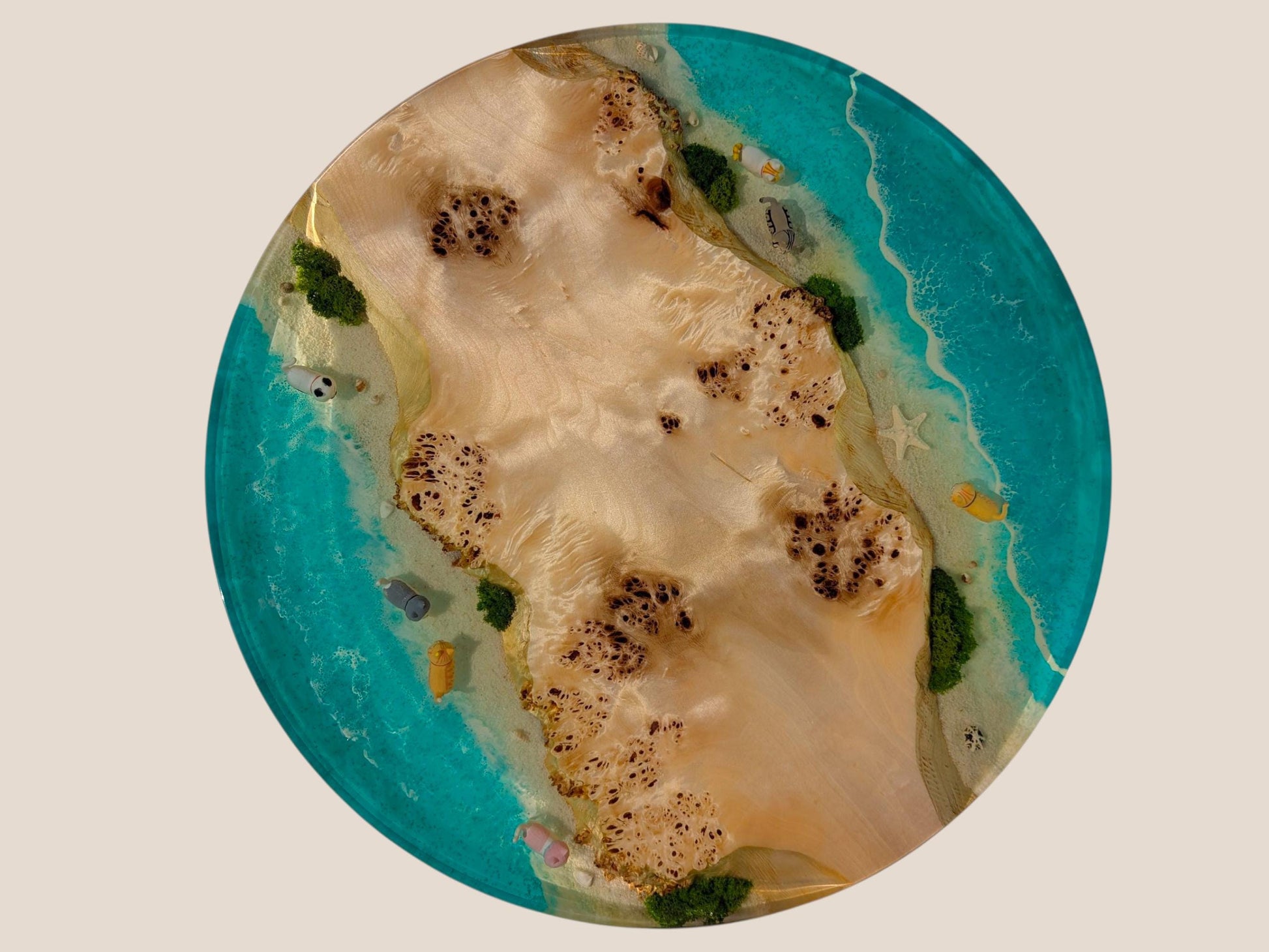 Epoxy Resin Coffee Table, Round Wood Ocean Table with Cats, Handmade Beach Furniture