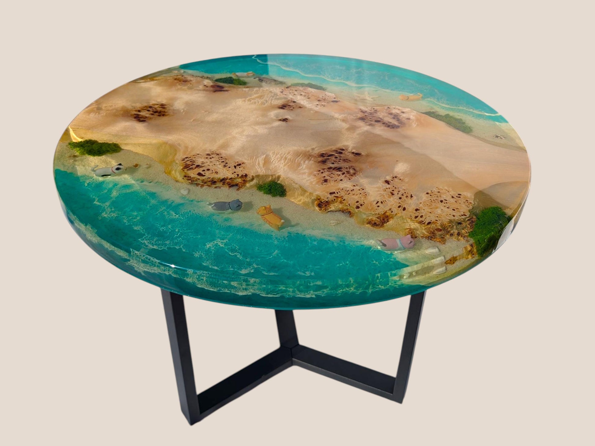 Epoxy Resin Coffee Table, Round Wood Ocean Table with Cats, Handmade Beach Furniture