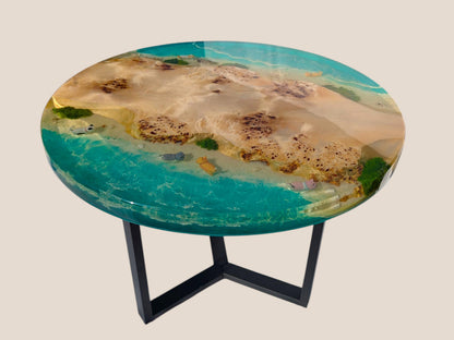 Epoxy Resin Coffee Table, Round Wood Ocean Table with Cats, Handmade Beach Furniture