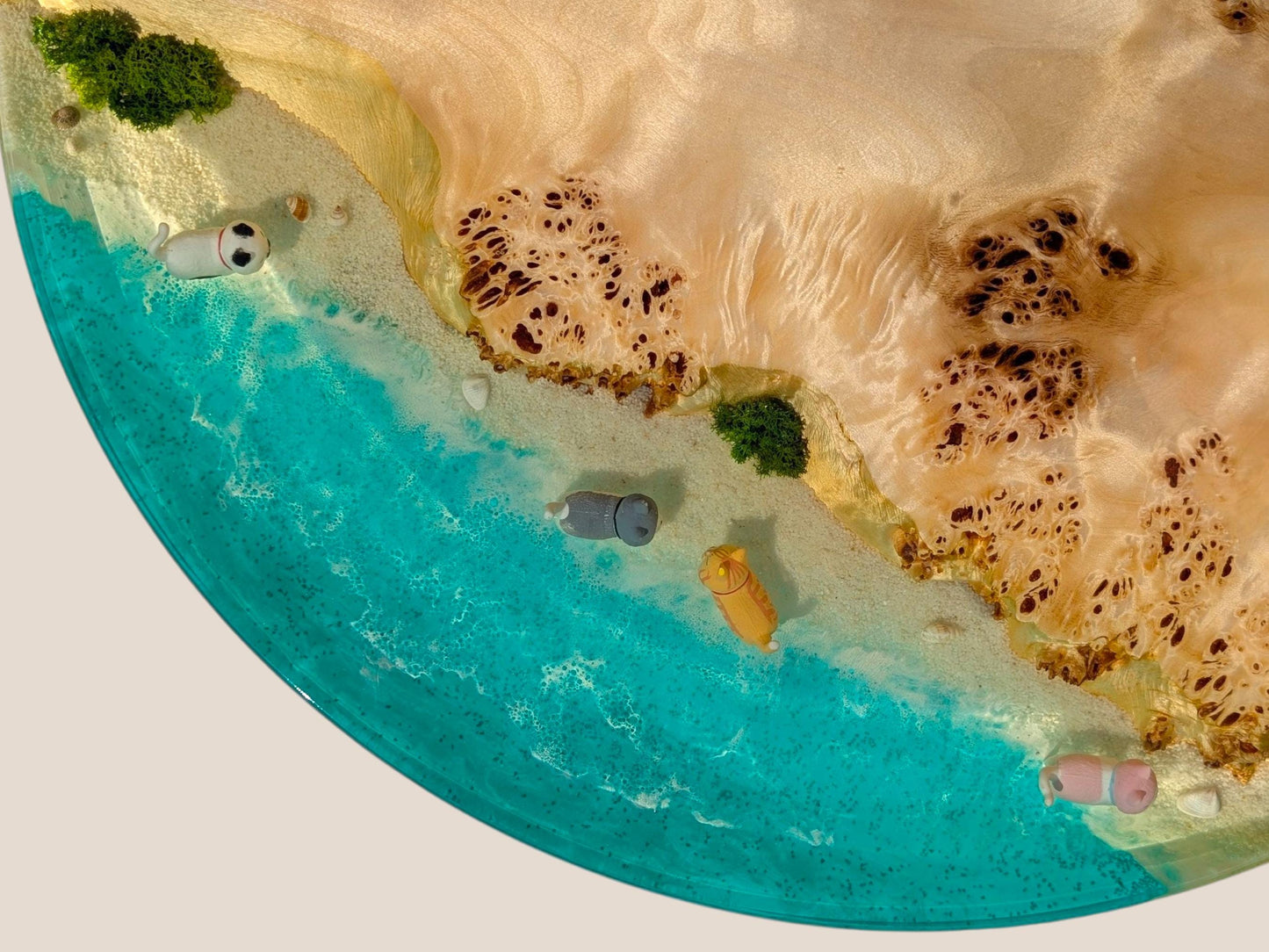 Epoxy Resin Coffee Table, Round Wood Ocean Table with Cats, Handmade Beach Furniture