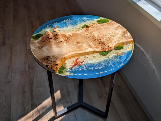 Handmade Ocean Resin Side Table – Beach Wave Wood Accent, Coastal Decor