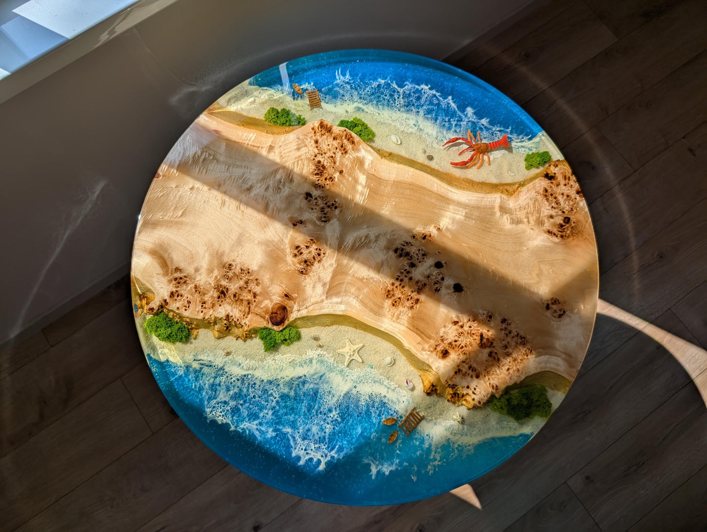 Handmade Ocean Resin Side Table – Beach Wave Wood Accent, Coastal Decor