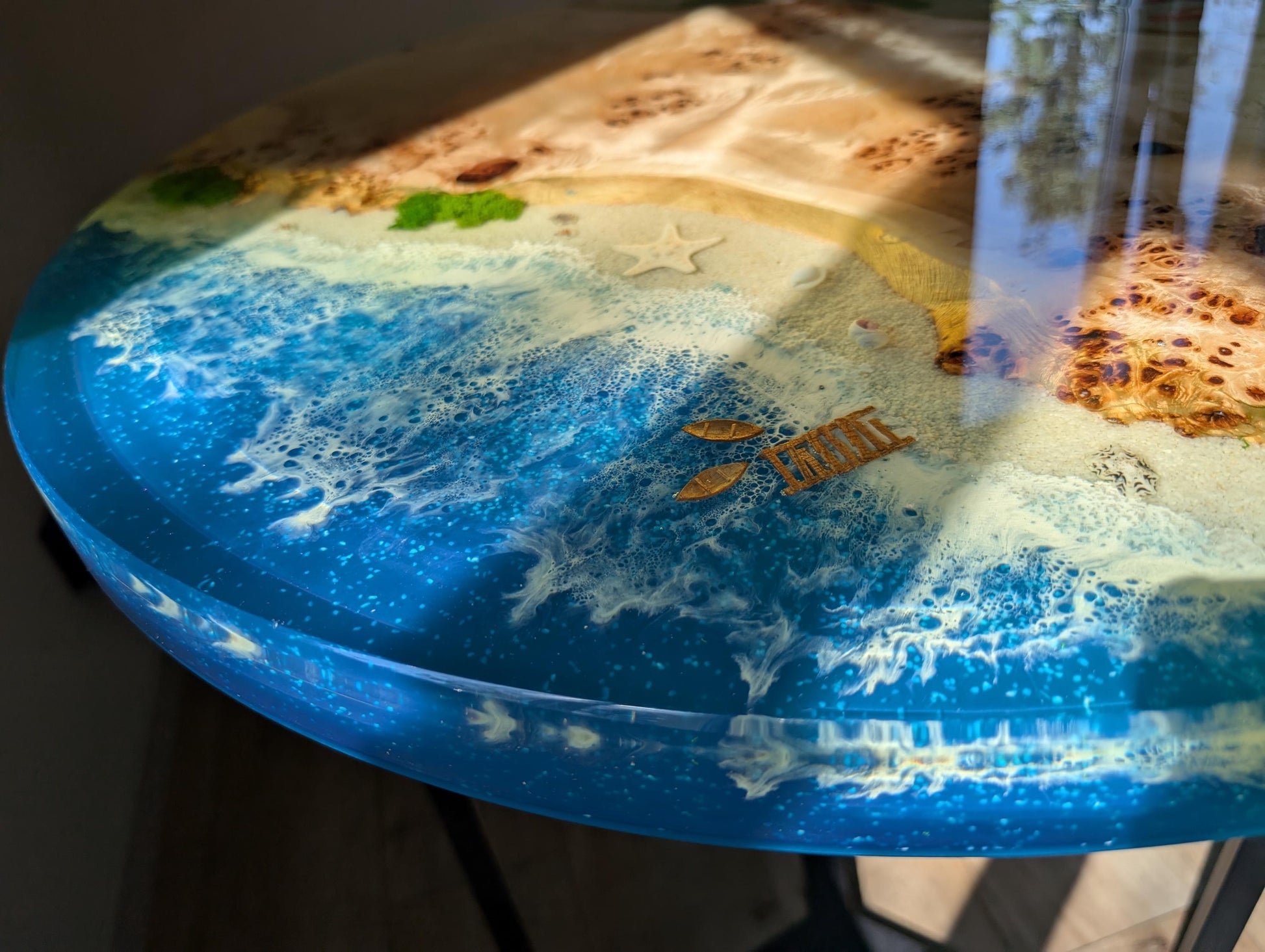 Handmade Ocean Resin Side Table – Beach Wave Wood Accent, Coastal Decor